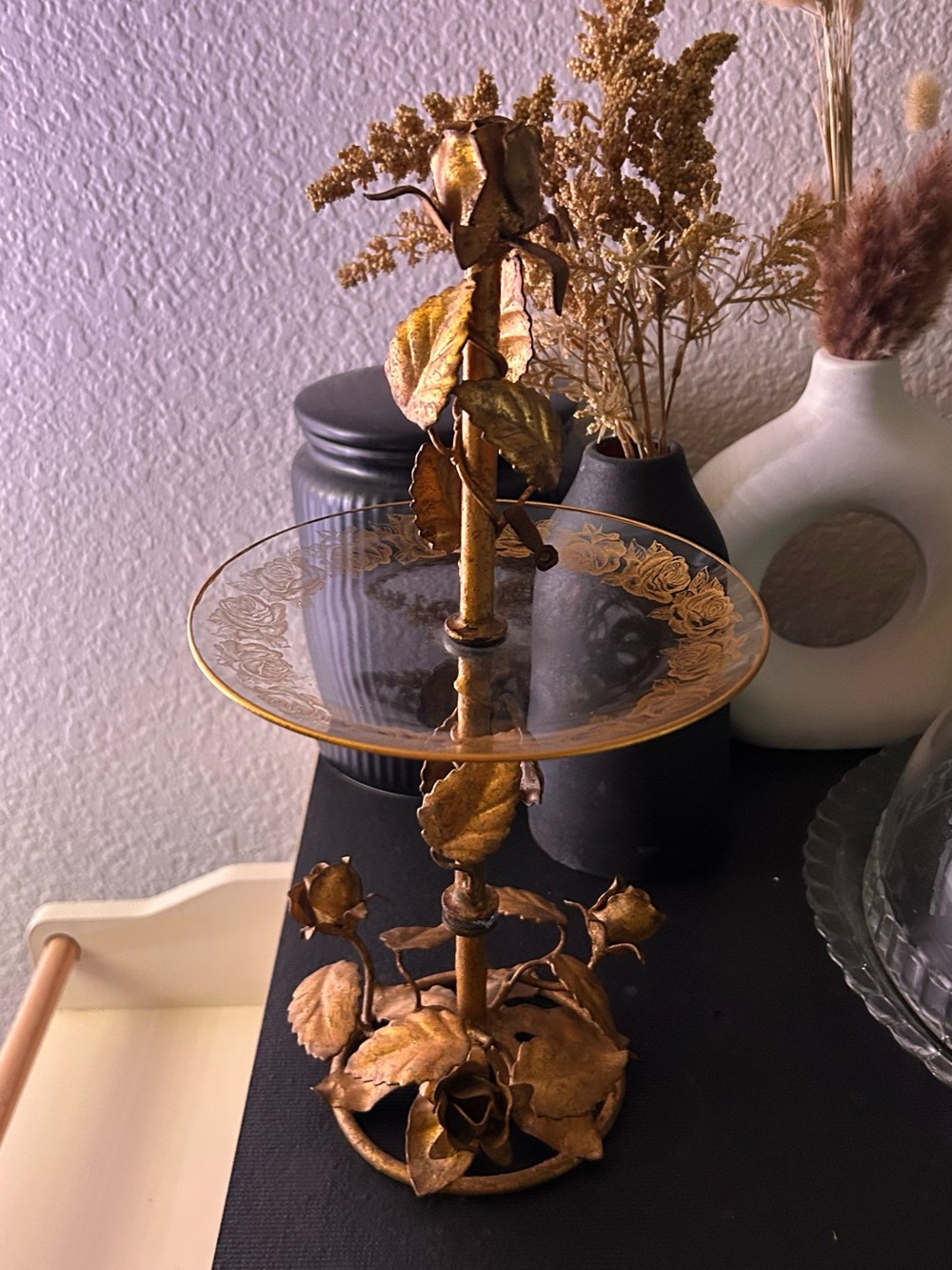 Vintage Italian Gold Guild Rose Pedestal Trinket Dish